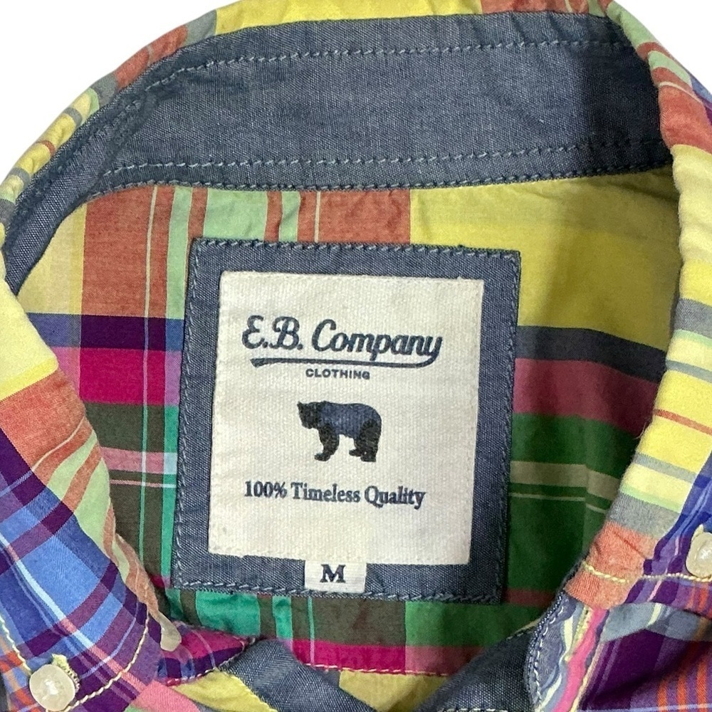 E B Company Vintage Button Down Collar Shirt Madras Plaid Blue Green Men Medium - Picture 10 of 16